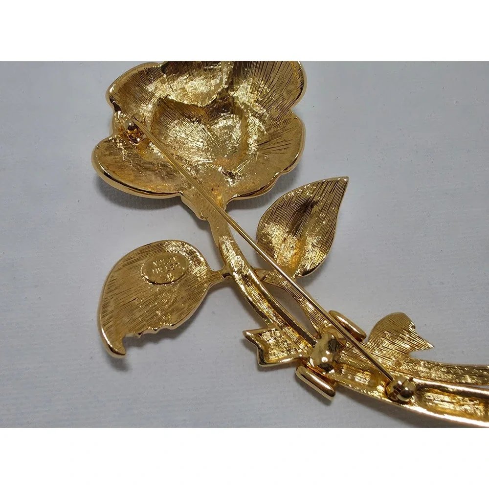 Vintage Nolan Miller Gold Tone Pave Crystal Rose Flower Brooch Pin
